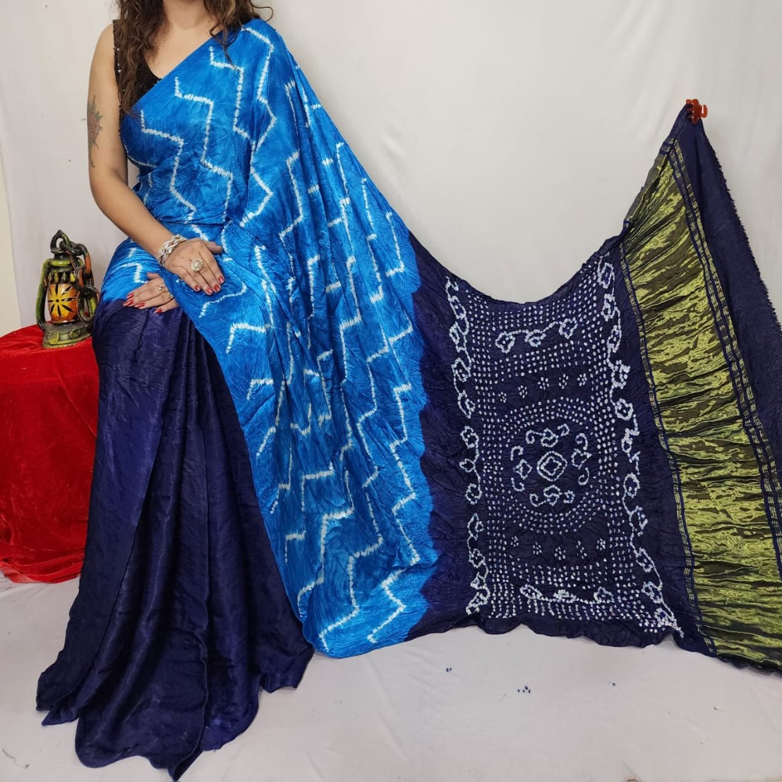 Pure Sky Blue and Blue Modal Silk Sibory Bandhani Saree​