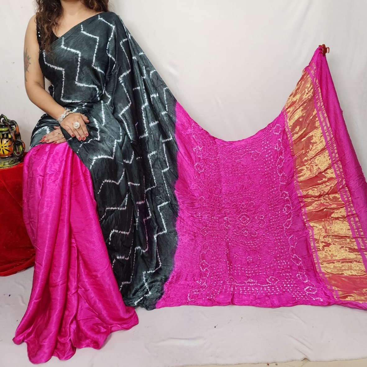 Pure Red and Black Modal Silk Sibory Bandhani Saree Exporter