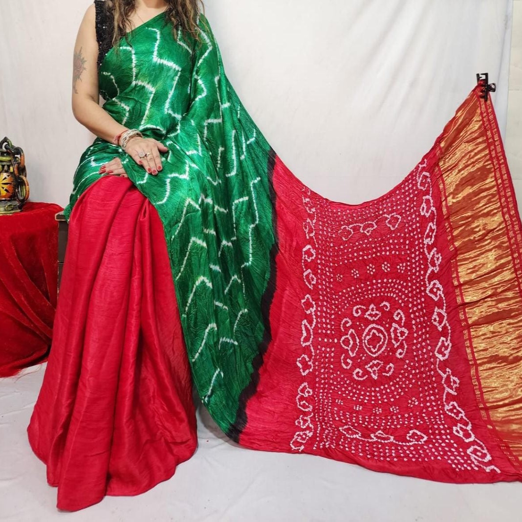Pure Turquoise and Green Modal Silk Sibory Bandhani Saree Supplier