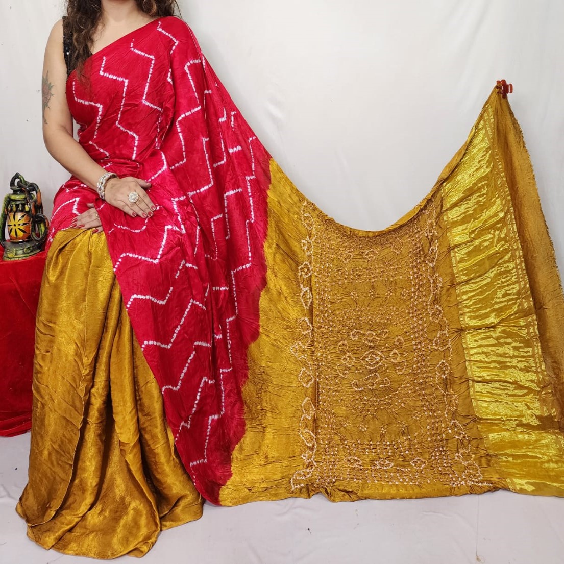 Pure Red and yellow Modal Silk Sibory Bandhani Saree​