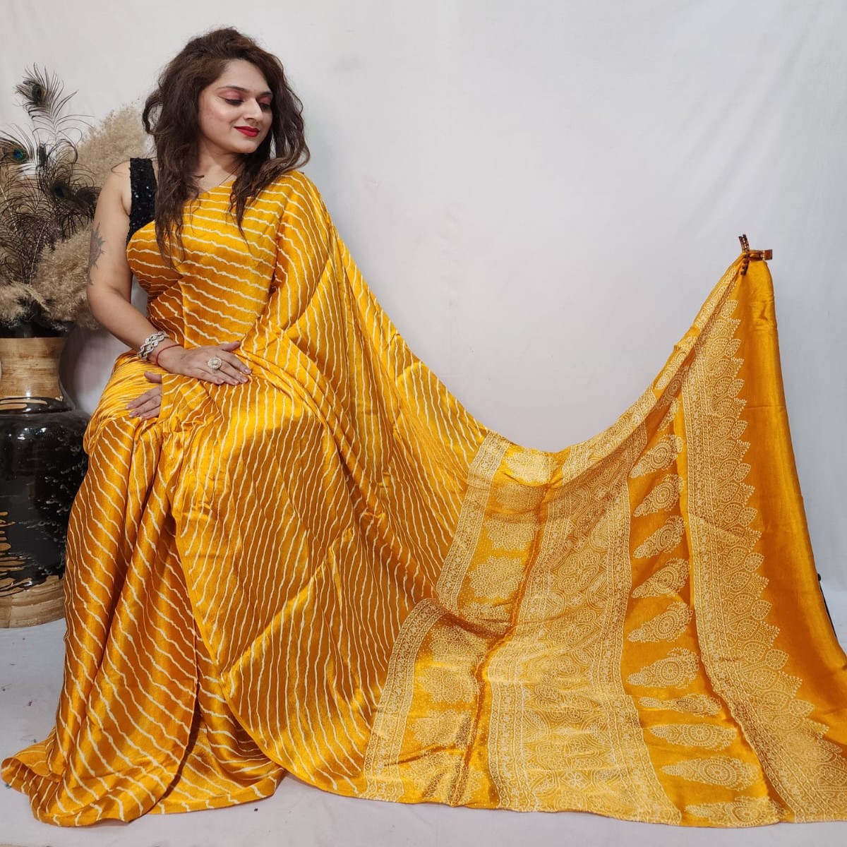 Best Quality Modal Yellow Silk Leheriya Saree