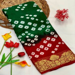 Best Quality Green and Red Pure Bandhej Silk Saree